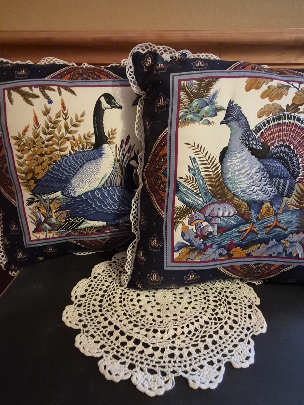Vintage Wildlife Bird Throw Pillows with Lace Trim - Set of 2